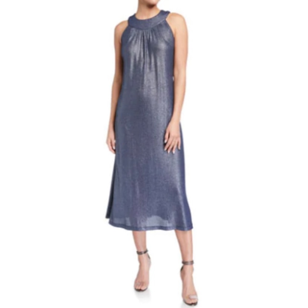 Melissa Masse Classic Bib Neck Midi Dress blue sparkle rib jersey Made USA